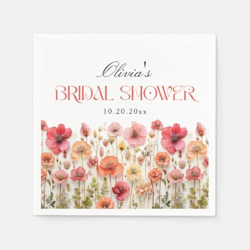 Retro Pastel Pink Boho Wildflower Bridal Shower Napkins