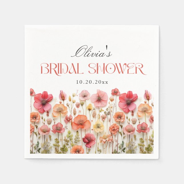 Retro Pastel Pink Boho Wildflower Bridal Shower Napkins (Front)