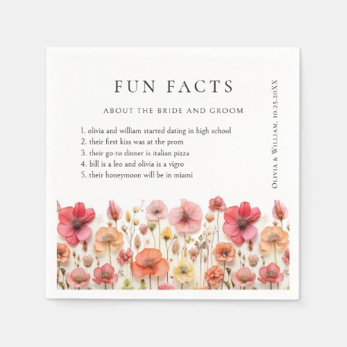 Retro Pastel Pink Boho Wildflower Fun Fact Wedding Napkins