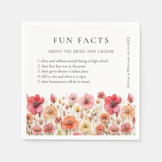 Retro Pastel Pink Boho Wildflower Fun Fact Wedding Napkins (Front)