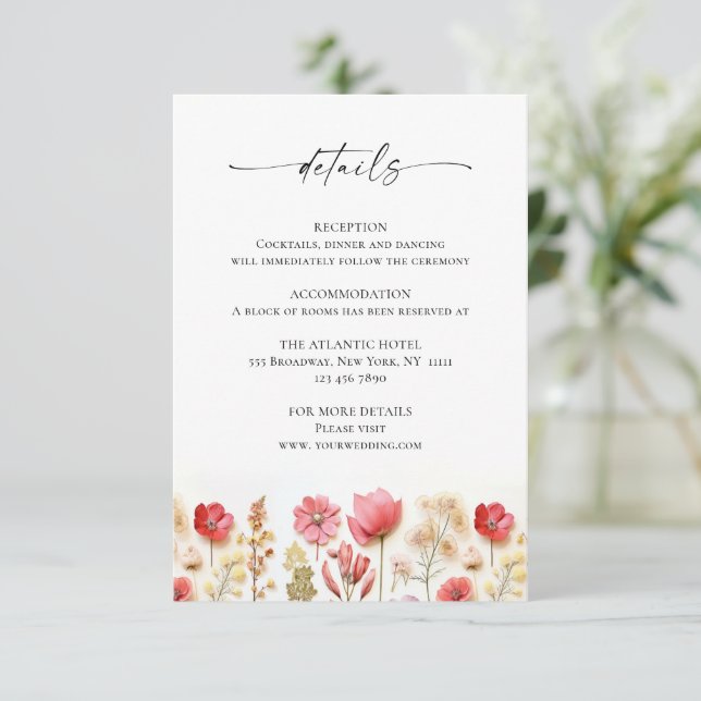 Retro Pastel Pink Boho Wildflower Wedding Details Enclosure Card (Standing Front)