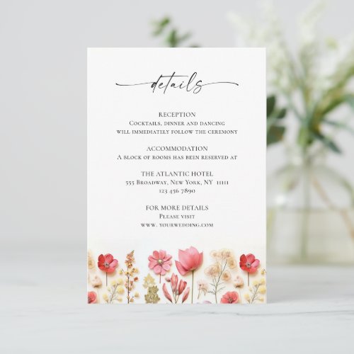 Retro Pastel Pink Boho Wildflower Wedding Details Enclosure Card