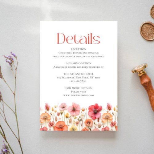 Retro Pastel Pink Boho Wildflower Wedding Details Enclosure Card