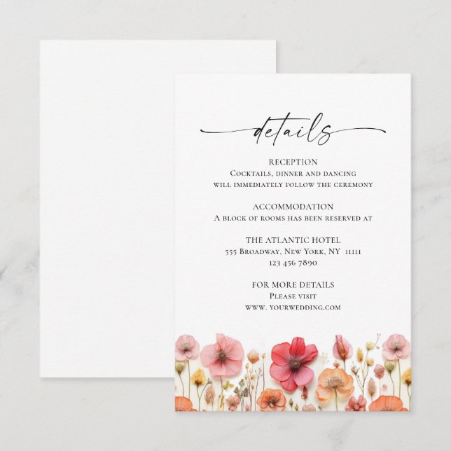 Retro Pastel Pink Boho Wildflower Wedding Details Enclosure Card (Front/Back)