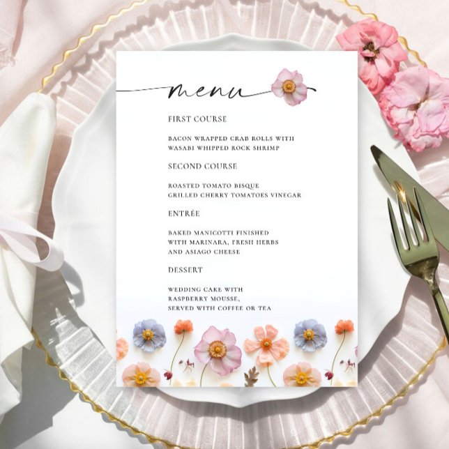 Retro Pastel Pink Boho Wildflower Wedding Details Menu (Creator Uploaded)