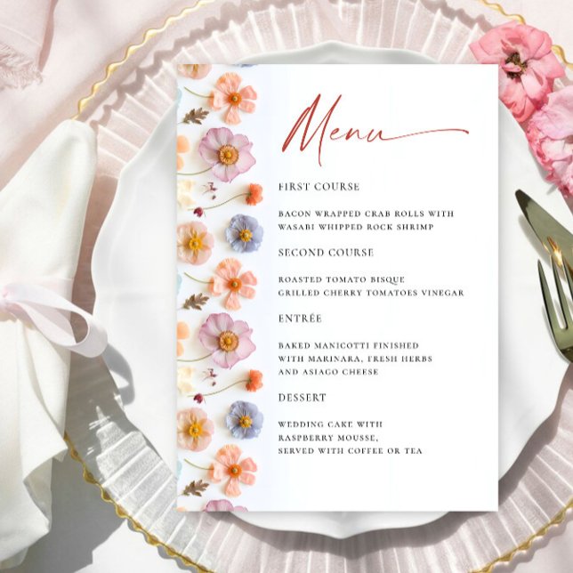 Retro Pastel Pink Boho Wildflower Wedding Details Menu (Creator Uploaded)
