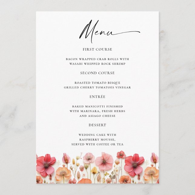 Retro Pastel Pink Boho Wildflower Wedding Details Menu (Front)