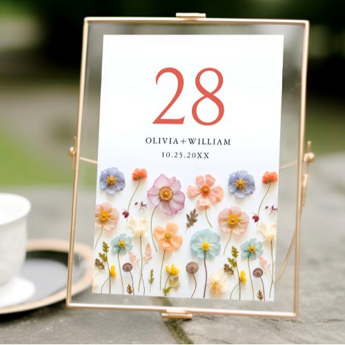 Retro Pastel Pink Boho Wildflower Wedding Details Table Number