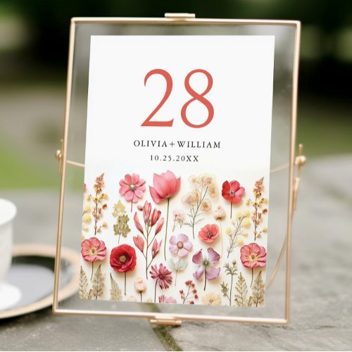 Retro Pastel Pink Boho Wildflower Wedding Details Table Number
