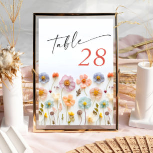 Retro Pastel Pink Boho Wildflower Wedding Details Table Number