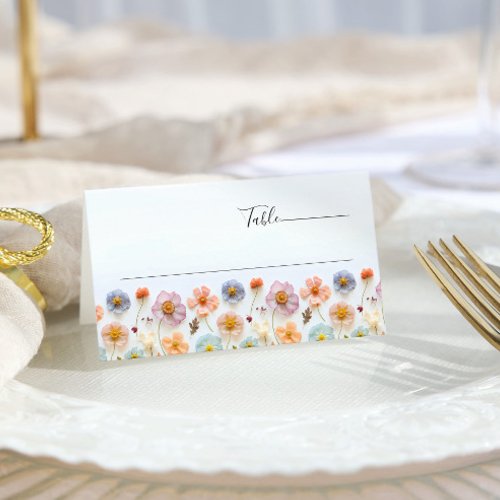 Retro Pastel Pink Boho Wildflower Wedding Place Card