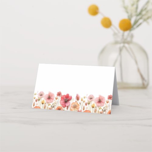 Retro Pastel Pink Boho Wildflower Wedding Place Card