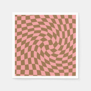 Retro Pastel Pink Brown Checks Warped Checkerboard Napkins