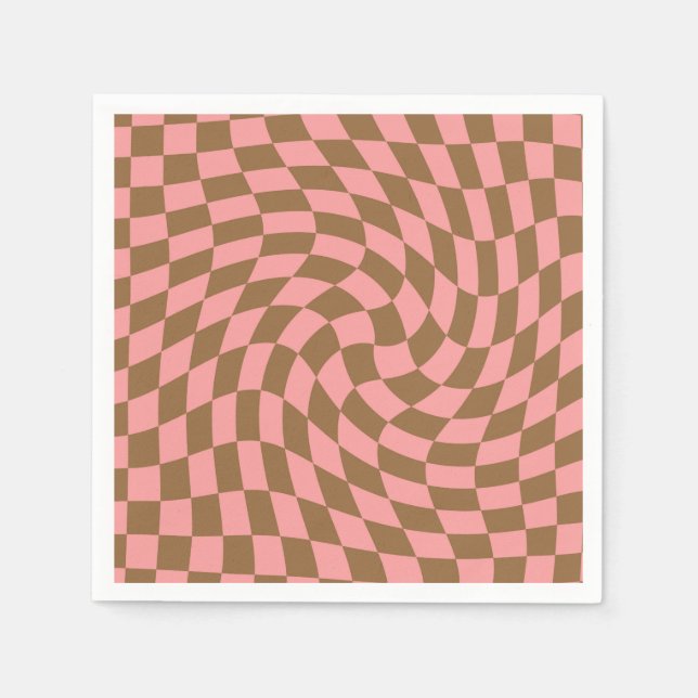 Retro Pastel Pink Brown Checks Warped Checkerboard Napkins (Front)