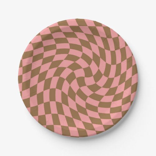 Retro Pastel Pink Brown Checks Warped Checkerboard Paper Plates