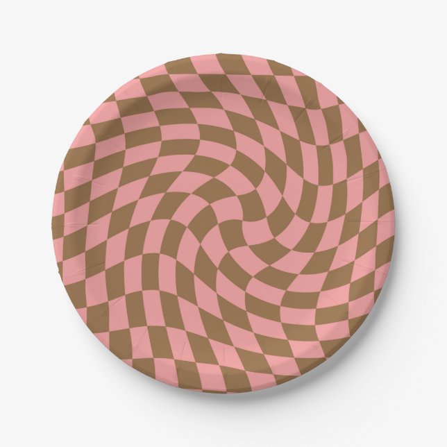 Retro Pastel Pink Brown Checks Warped Checkerboard Paper Plates (Front)