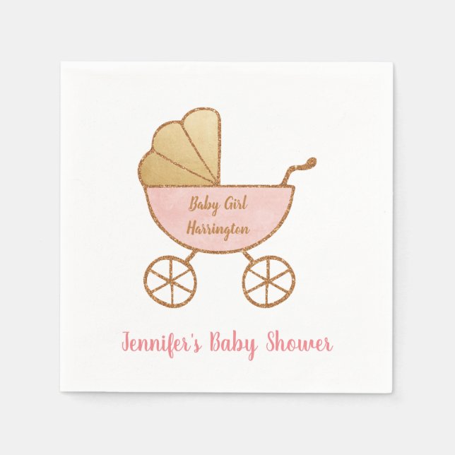 Retro Pastel Pink Carriage Baby Girl Shower Napkins (Front)