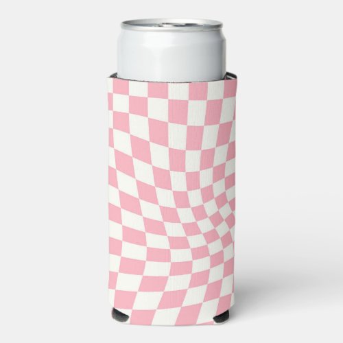 Retro Pastel Pink Checked Warped Checkered  Seltzer Can Cooler