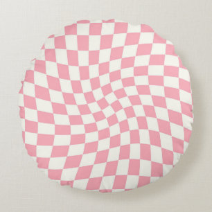 Retro Pastel Pink Checks Warped Checkered Dorm  Round Pillow