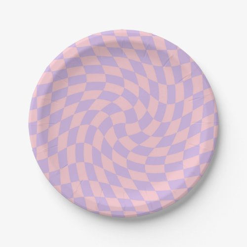Retro Pastel Pink Lilac Checks Warped Checkerboard Paper Plates