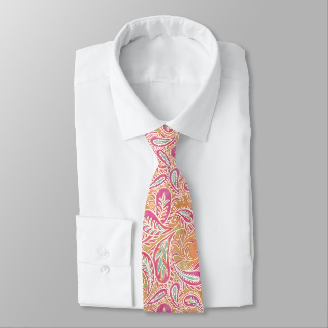Retro Pastel Pink Paisley Pattern Neck Tie (Tied)