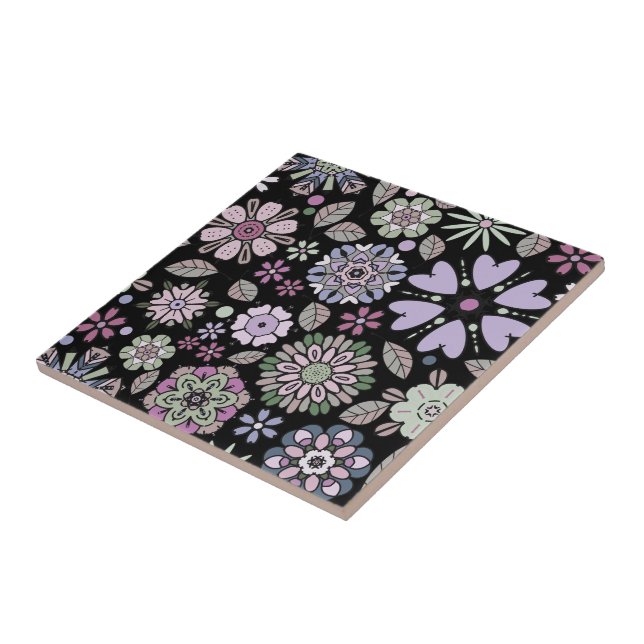 Retro Pastel Pink Purple Floral Seamless Pattern Ceramic Tile (Side)