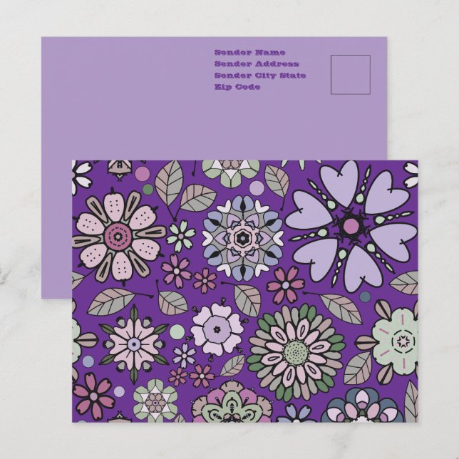 Retro Pastel Pink Purple Floral Seamless Pattern Postcard (Front/Back)