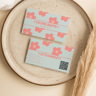 Retro Pastel Pink QR Code Groovy Floral Boho Girly Business Card