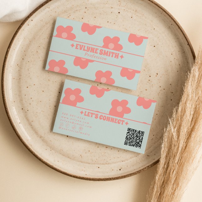 Retro Pastel Pink QR Code Groovy Floral Boho Girly Business Card (Creator Uploaded)