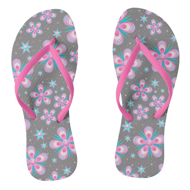 Retro Pastel Pink Stylish Flowers Artwork Flip Flops (Footbed)