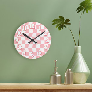 Retro Pastel Pink White Wavy Checkerboard Round Clock
