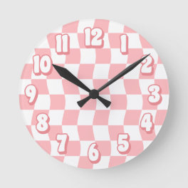 Retro Pastel Pink White Wavy Checkerboard Round Clock