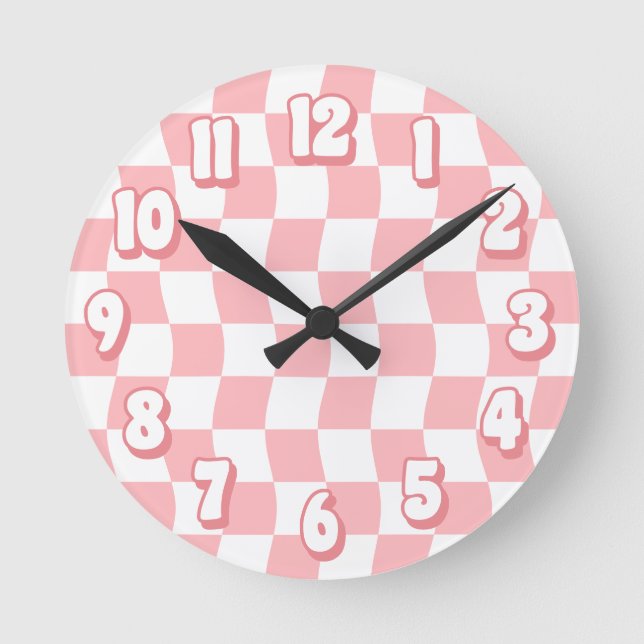 Retro Pastel Pink White Wavy Checkerboard Round Clock (Front)