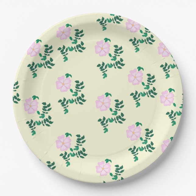 Retro Pastel Pink Wild Rose Flower Pattern   Paper Plates (Front)