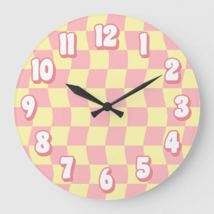 Retro Pastel Pink Yellow Wavy Checkerboard Large Clock