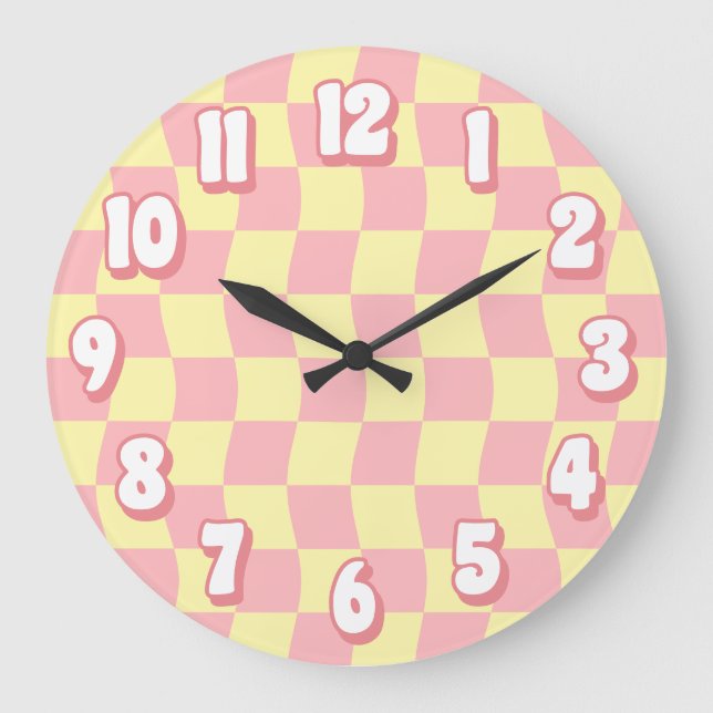 Retro Pastel Pink Yellow Wavy Checkerboard Large Clock (Front)
