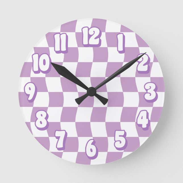 Retro Pastel Purple White Wavy Checkerboard Round Clock (Front)