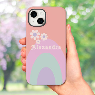 Retro Pastel Rainbow Stripes Floral Name iPhone 14 Case