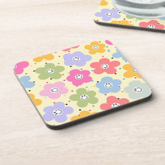 Retro Pastel Smiley Flower Pattern Drink Coaster