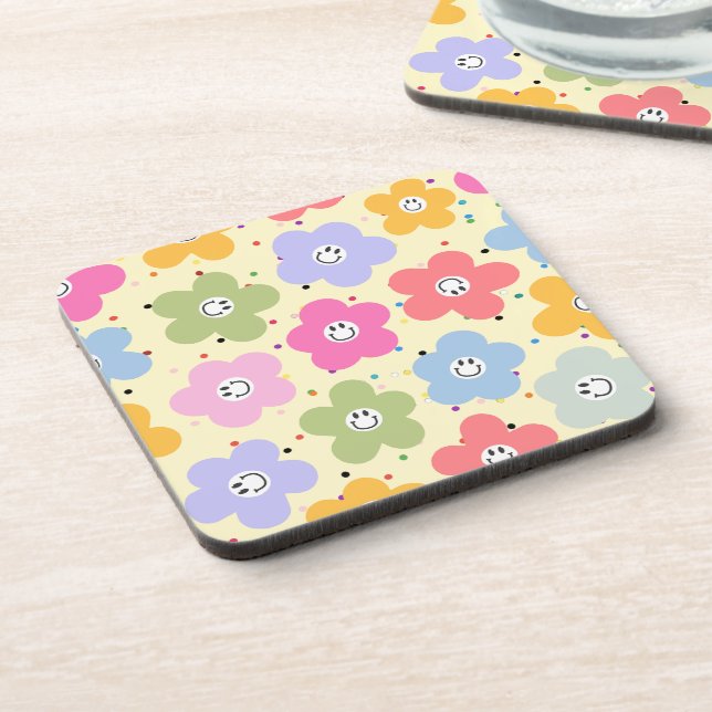 Retro Pastel Smiley Flower Pattern Drink Coaster (Left Side)