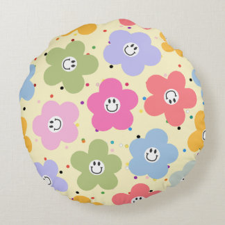 Retro Pastel Smiley Flower Pattern Round Throw Pil Pillow