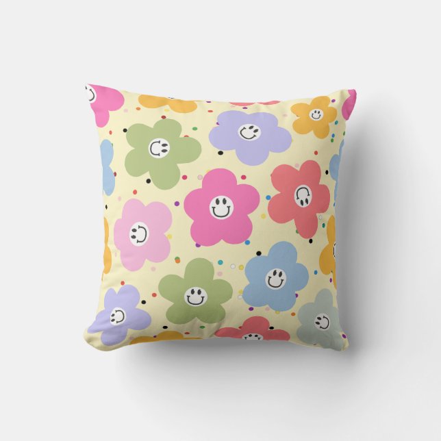 Retro Pastel Smiley Flower Pattern Throw Pillow (Front)