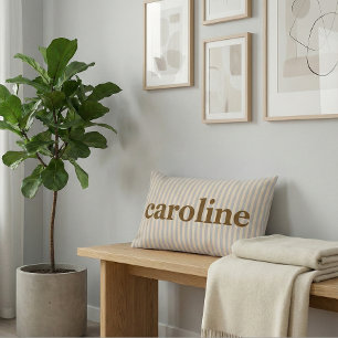 Retro Pastel Stripe Personalized Brown Name Lumbar Pillow