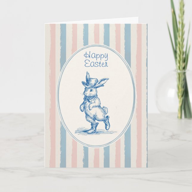 Retro Pastel Striped Vintage Blue Bunny Easter Card (Front)
