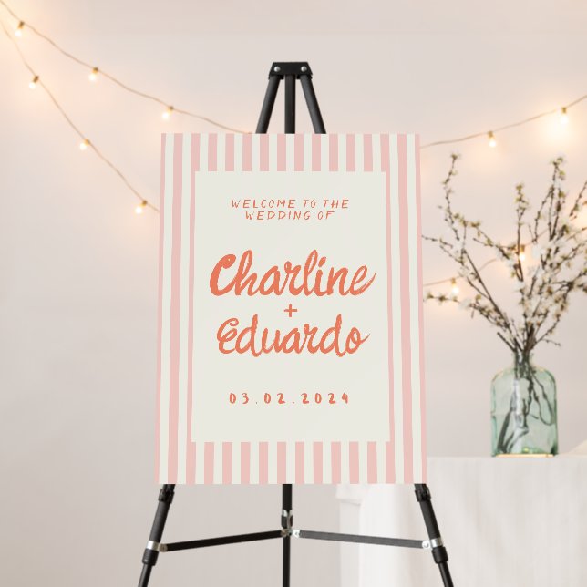 Retro Pastel Striped Wedding Welcome Sign (In Situ (Stand))