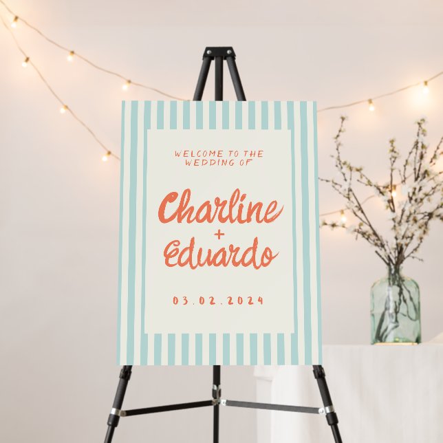 Retro Pastel Striped Wedding Welcome Sign (In Situ (Stand))