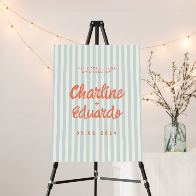 Retro Pastel Striped Wedding Welcome Sign (In Situ (Stand))