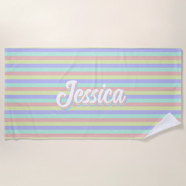 Retro Pastel Stripes Personalized Name Beach Towel (Front)