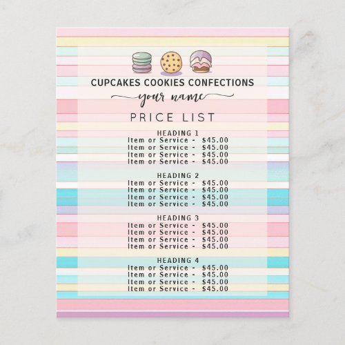Retro Pastel stripes Sweet Bakery Price List Menu Flyer