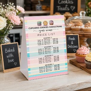 Retro Pastel stripes Sweet Bakery Price List Menu Paper Table Tent